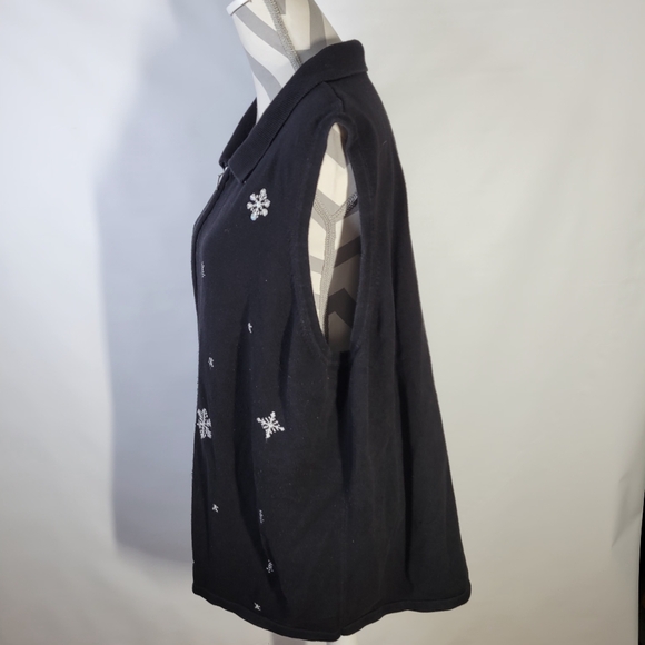 Allison Daley Black Sweater Vest Embroidered Snowflakes Zip Front Size 3X Winter - Picture 6 of 9